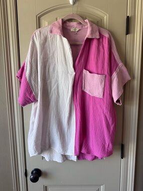 Entro Colorblock Pink & White Short-Sleeve Top 1X